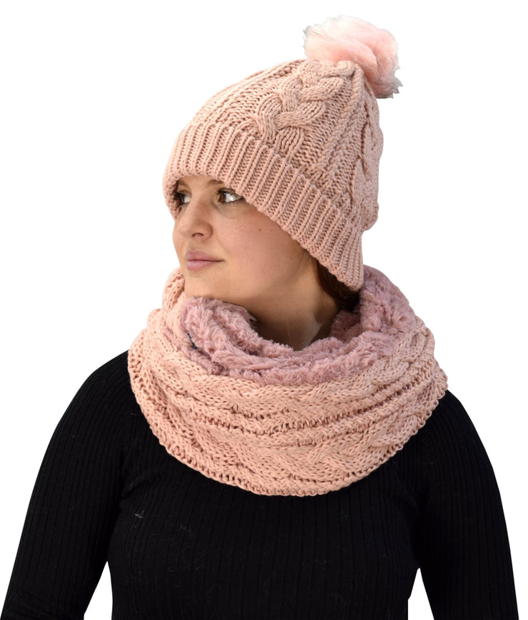 Pink 97 Peach Couture Thick Warm Crochet Beanie Hat & Plush Fur Lined Infinity Loop Scarf Set