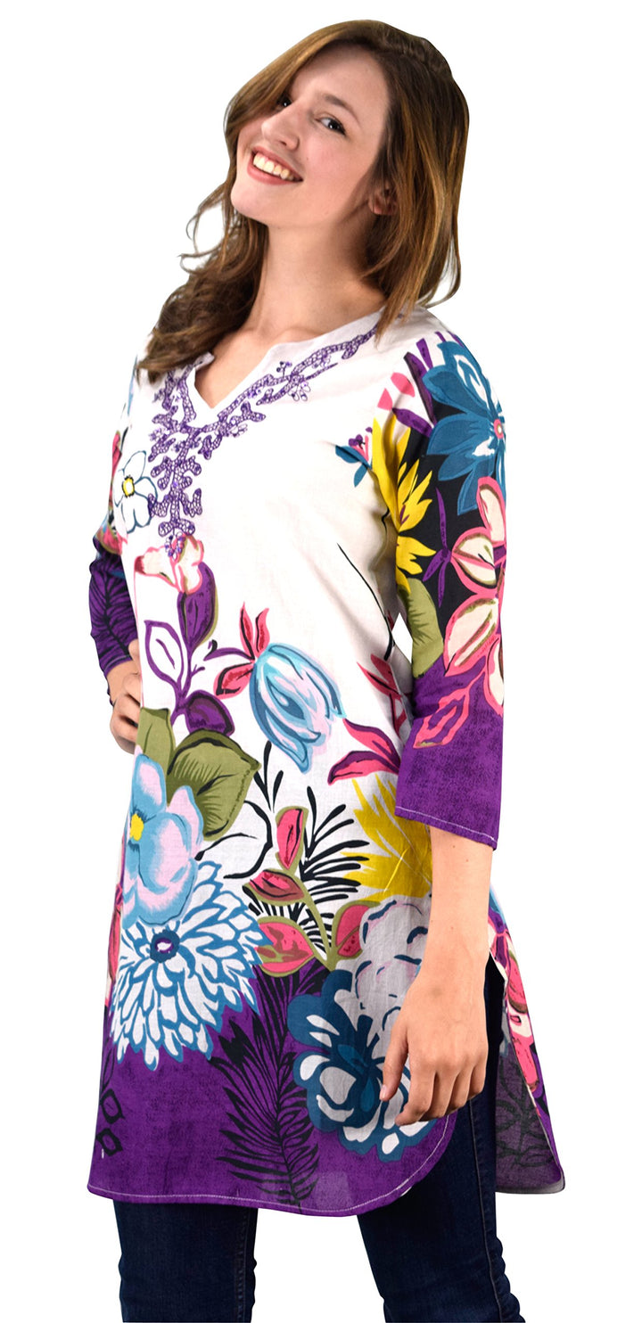 Purple floral embroidered vintage petite cotton tunic coverup beachwear with sequins.