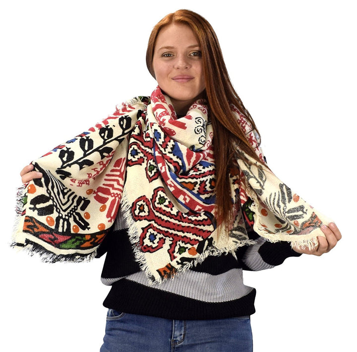 Warm Woven Oversized Tartan Plaid Blanket Scarf Shawl Tan Red Blue