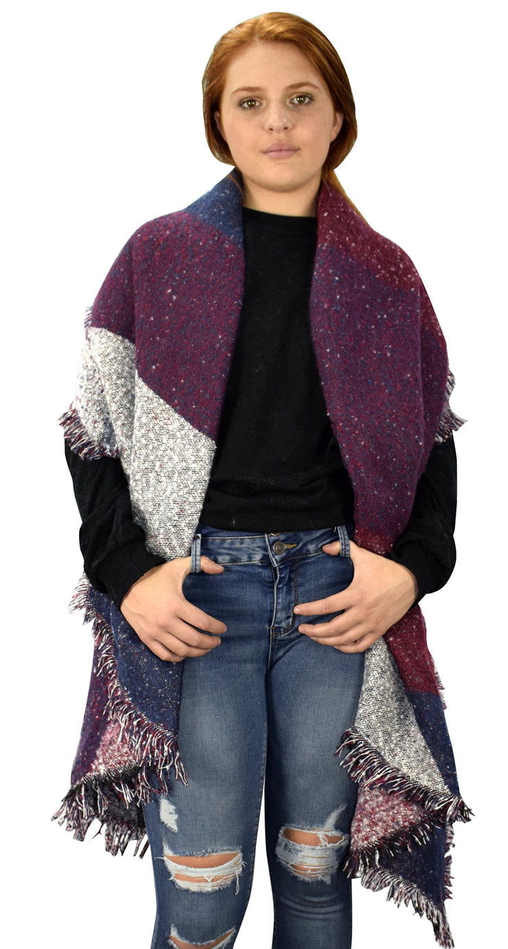 Plaid Tartan Oversized Oblong Cashmere Feel Oblong Blanket Scarves Burgundy/Navy