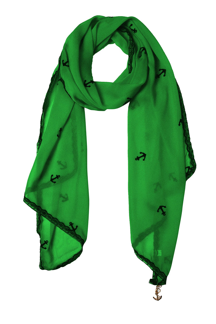 Sheer Vintage Anchor Embossed Scarf with Anchor Charm & Lace Border(Green)