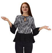 Womens Bell Sleeves Double Hem Keyhole Neck Floral Blouse Tops