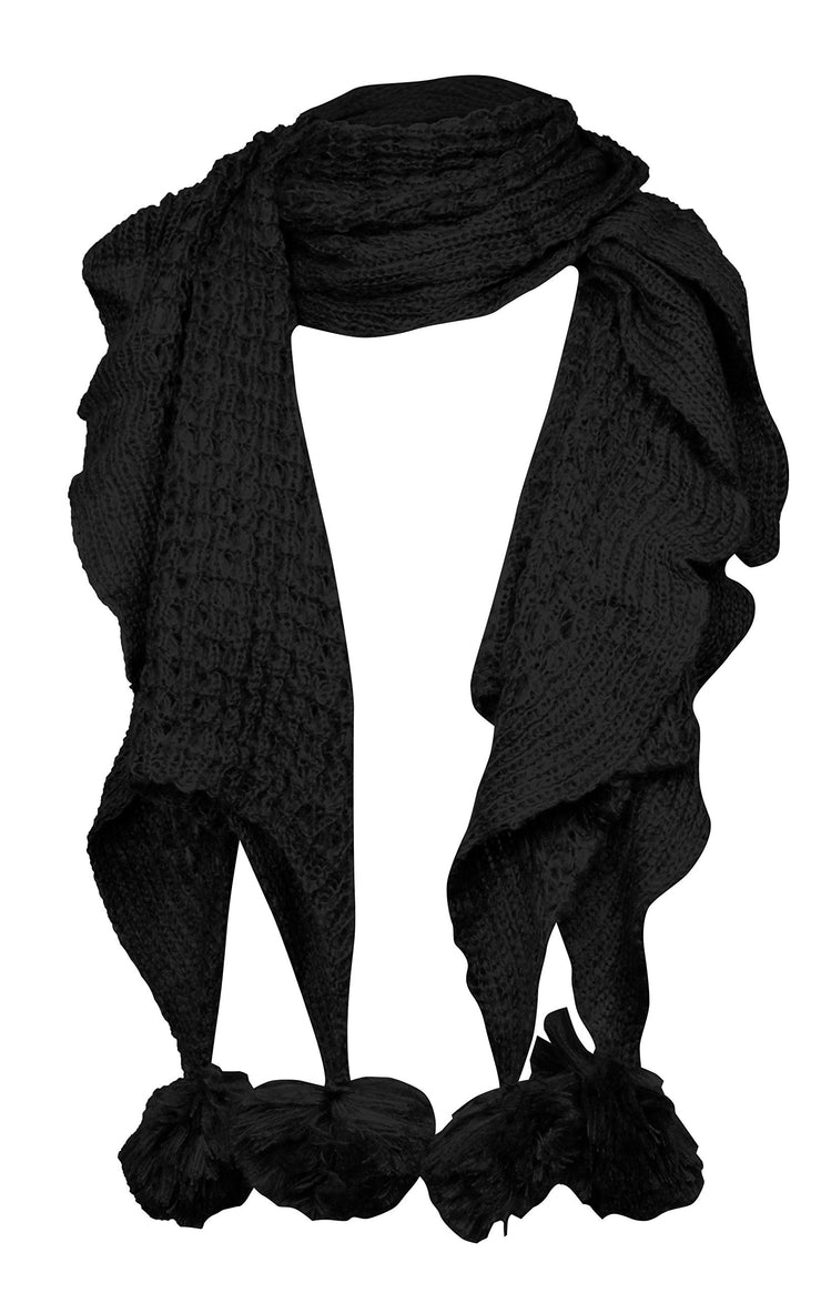 Black Peach Couture Serene Ruffled Soft and Warm Knit Scarf With Pom Poms