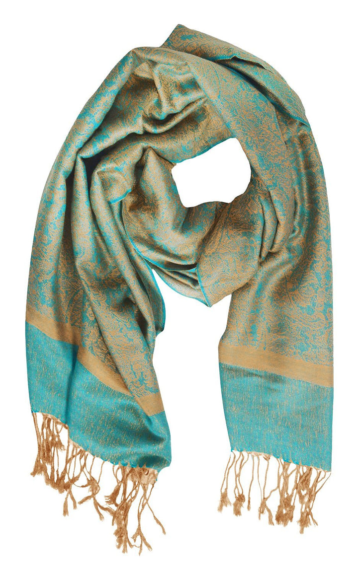 Elegant turquoise and gold vintage jacquard paisley shawl with intricate woven patterns and decorative fringe.