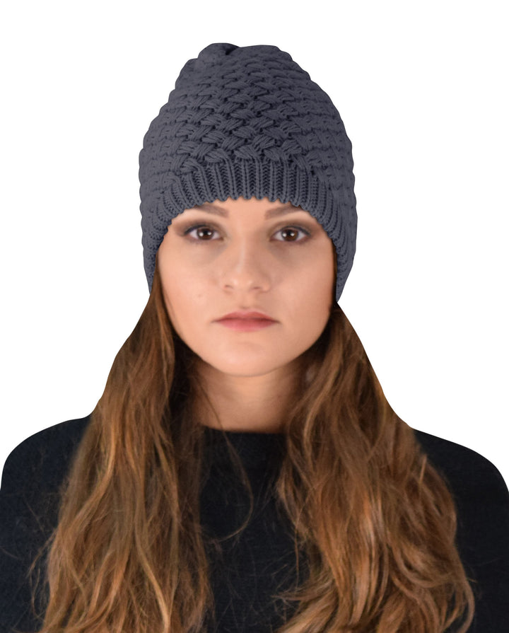 Taupe Thick Crochet Knit Double Layer Beanie Slouchy Hat