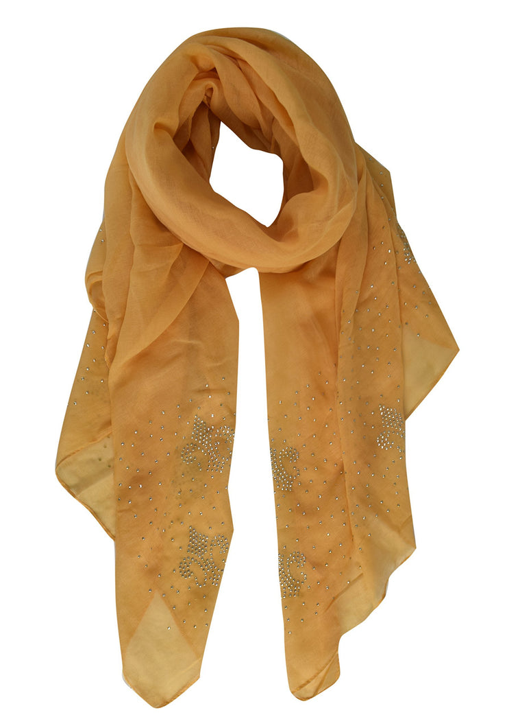 Mustard Peach Couture Glittering Rhinestone Studded Scarf Summer Shawl