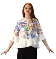 Womens Bell Sleeves Double Hem Keyhole Neck Floral Blouse Tops