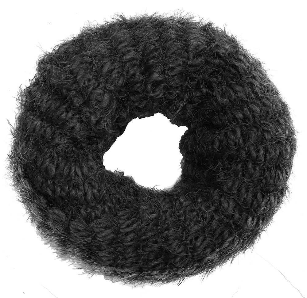Black warm chunky knit infinity loop scarf in a cozy fuzzy winter style.