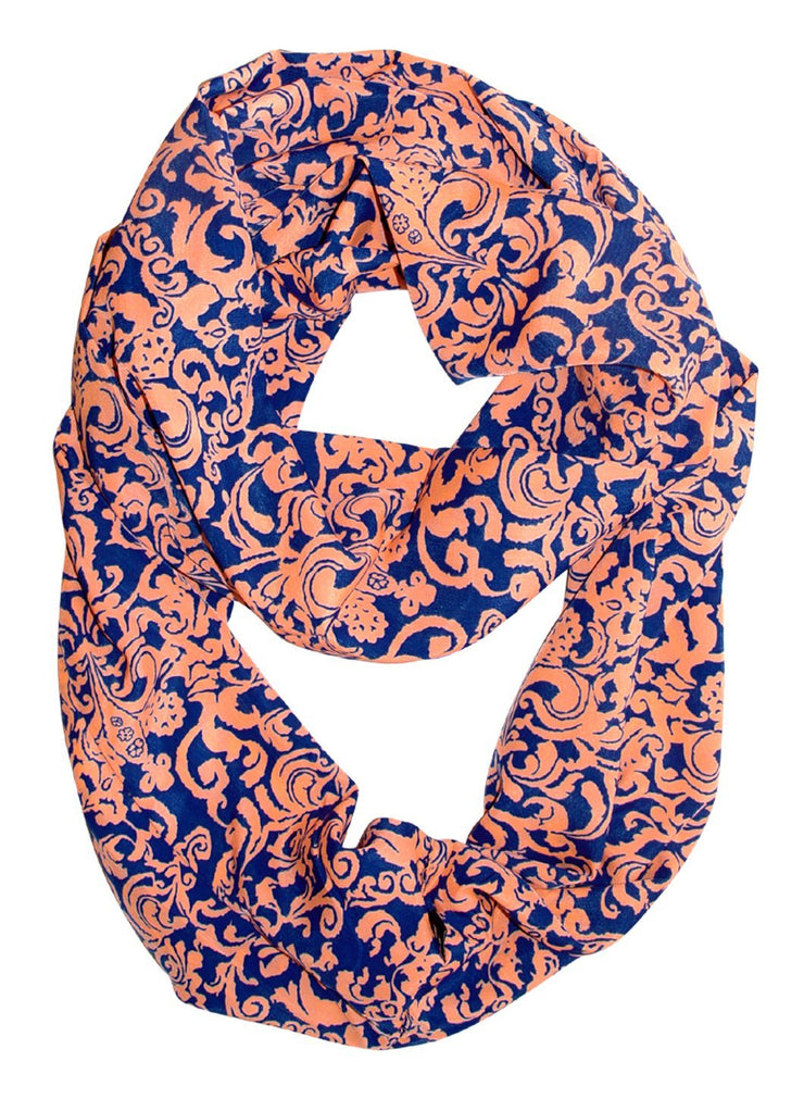 Cerulean and Peach Peach Couture Light Soft Silky Elegant Gatsby Henna Damask Print Infinity Loop Scarf