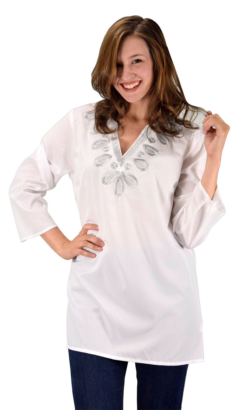 White boho embroidered cover-up swimwear beachwear tunic in a relaxed fit.