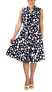 Peach Couture Navy Polka Dot Vintage Retro Button Up Party Dress with Belt