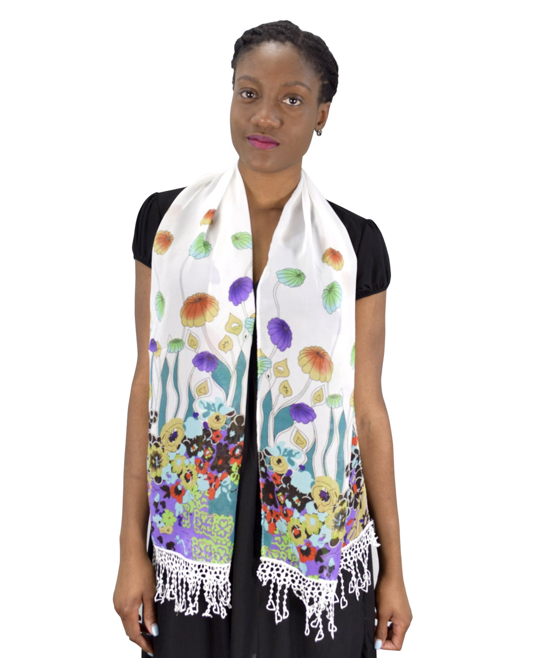 Summer Fashion Womens Sheer Floral Stole Tasseled Skinny Scarf Teal