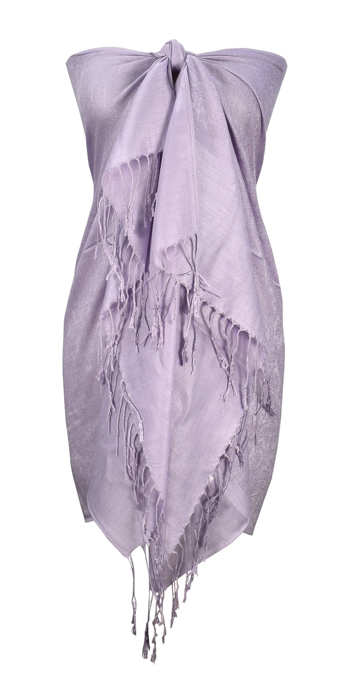 Double layer jacquard paisley pashmina feel shawl in light lavender and shades of purple.