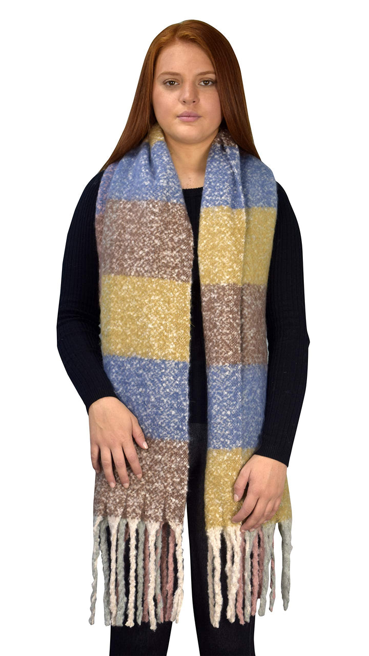 Winter Soft and Warm Casual Knitted Plaid Chunky Wrap Scarf with Tassels Pink Blue