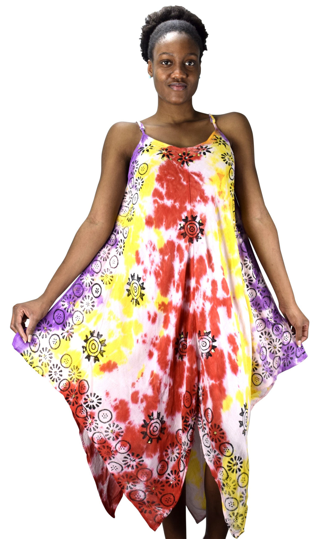 Floral Tie Dye Handkercheif Hem Sleeveless Summer Dress Cover up