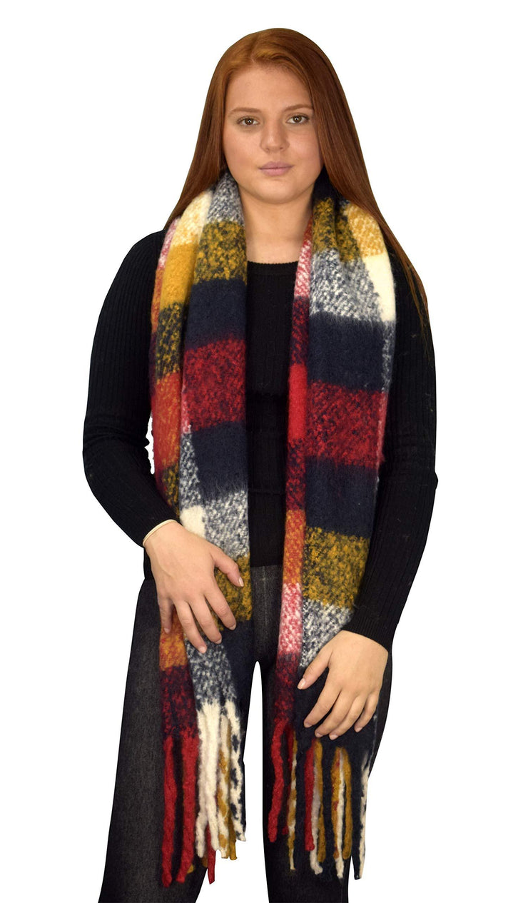 Winter Soft and Warm Casual Knitted Plaid Chunky Wrap Scarf with Tassels Red
