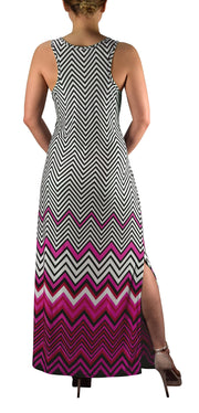 Womens Boho Maxi Striped Chevron Print Scoop Neck Tank Dress (Pink, Medium)