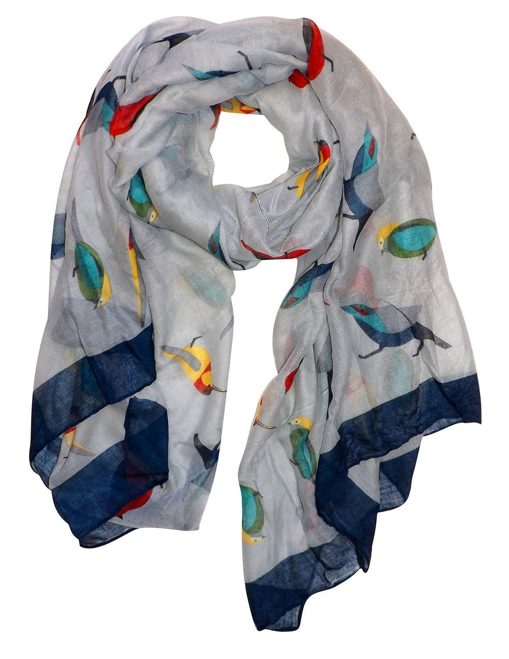 Vintage lightweight scarf featuring a graphic peach and gray finch bird print pattern for women