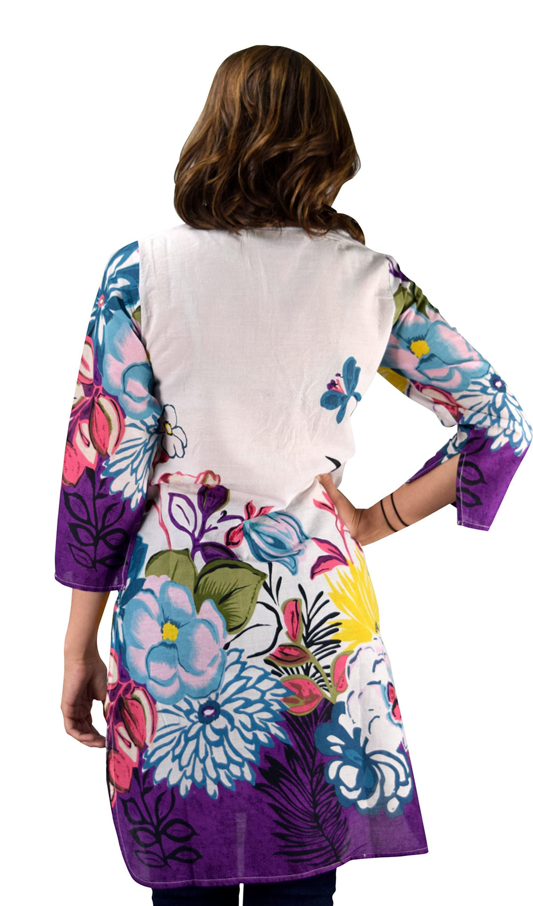 Purple floral embroidered vintage petite tunic coverup beachwear with purple sequins and a V-neckline.