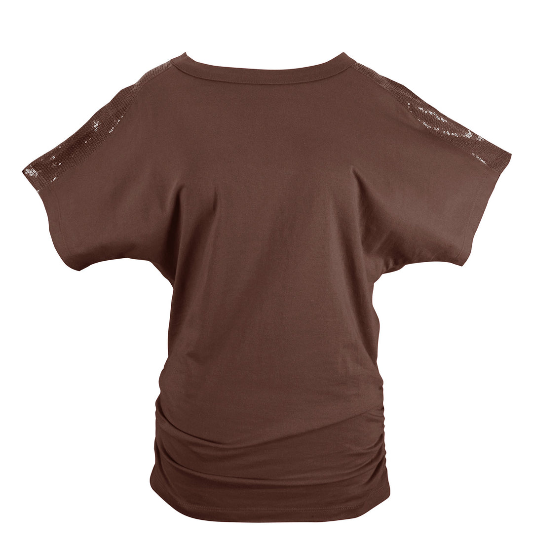 Womens Boat Neck Dolman Sleeve Side Shirring Sequin Shoulder Tops Brown X-Large