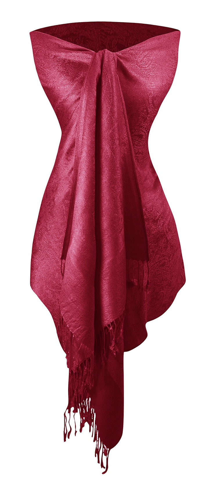 Elegant wine burgundy pashmina shawl with a vintage jacquard paisley pattern and soft fringe.
