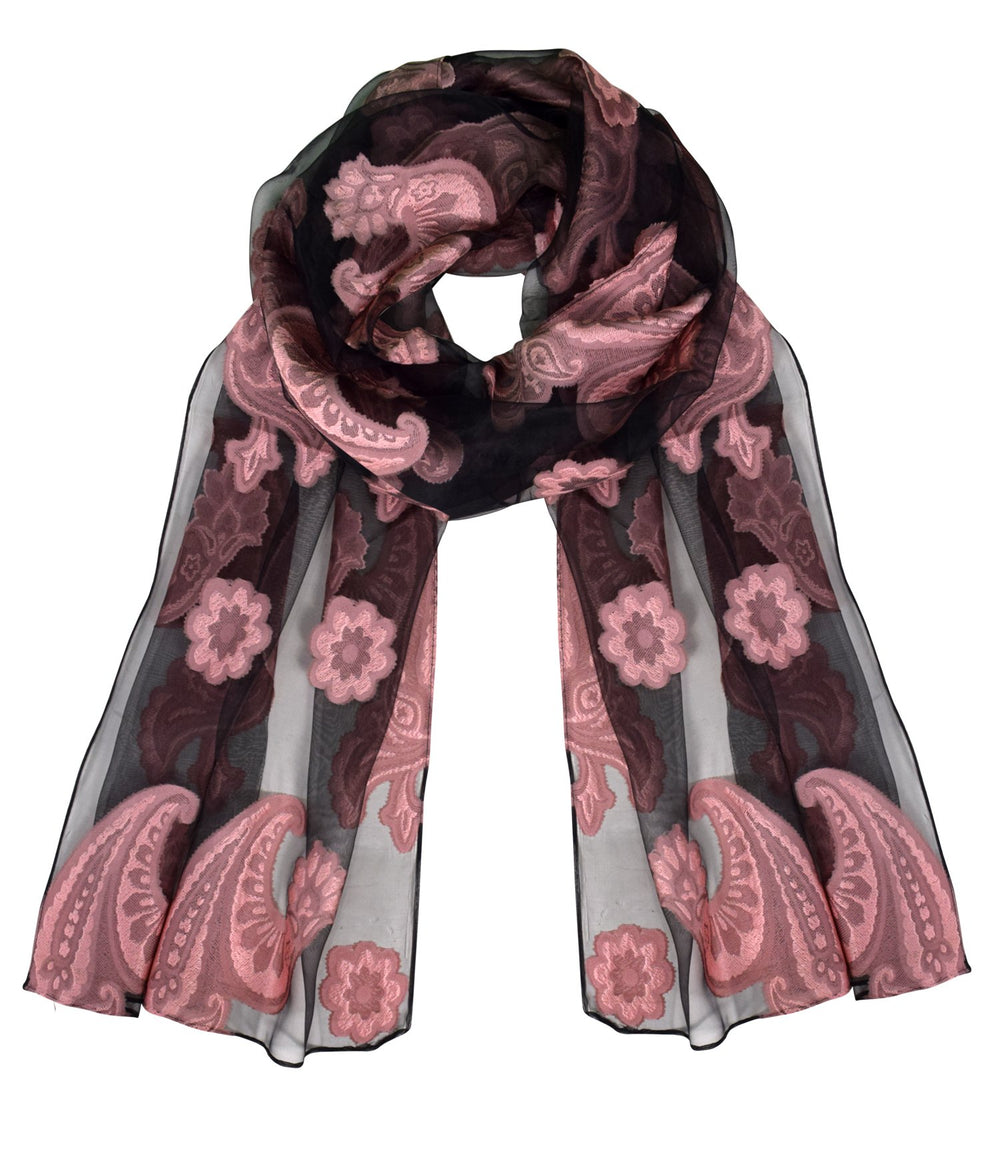 Black and teal sheer burnout scarf with embroidered paisley pattern and fringe edges