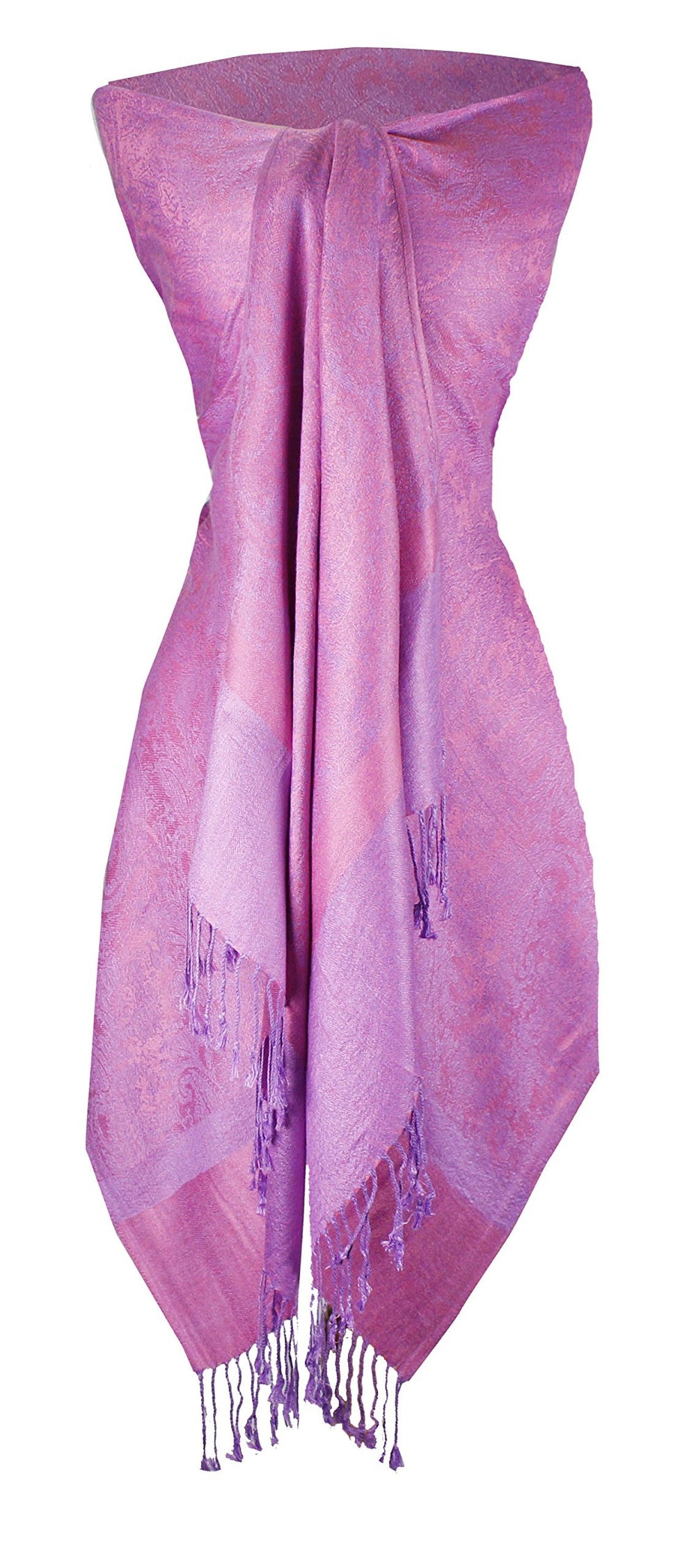 Elegant reversible jacquard paisley pashmina shawl wrap in dark lavender and pink peach.