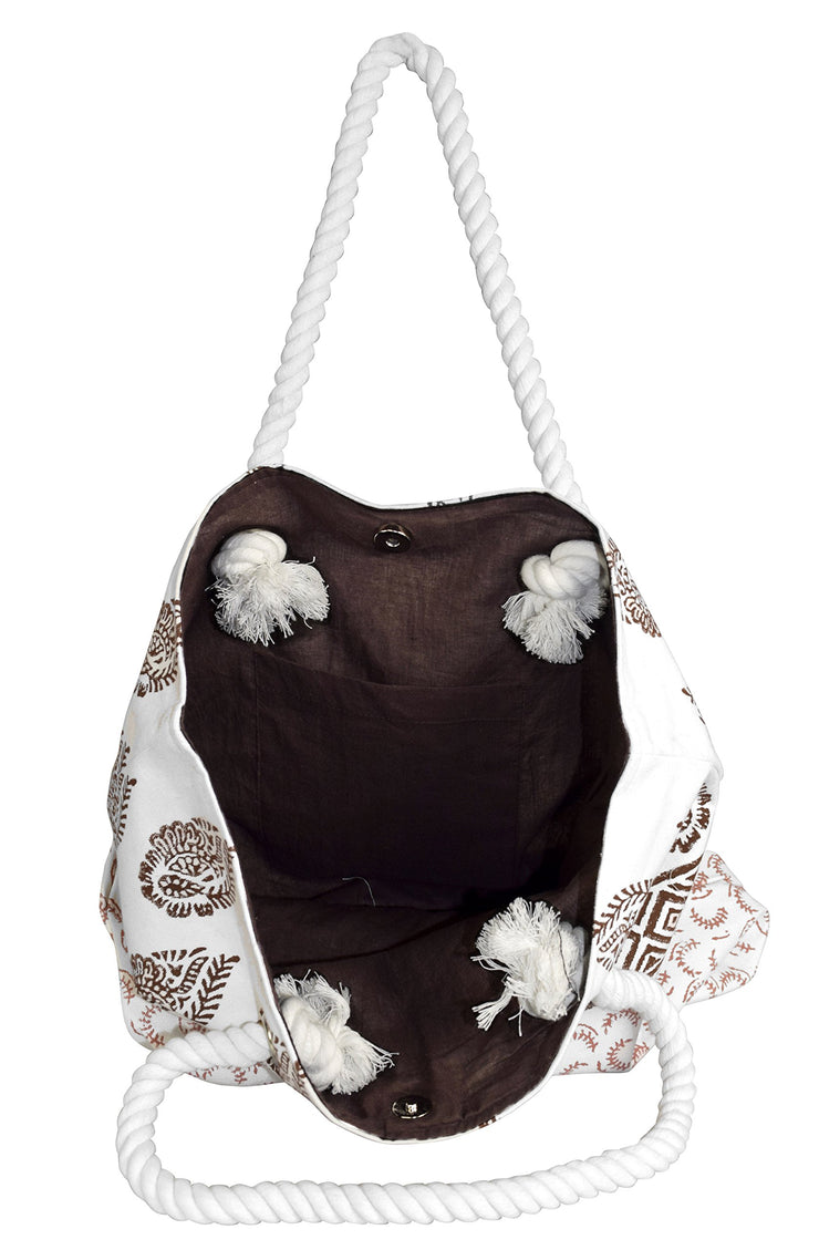 Rope Accent Handle Cotton Canvas Tote Bag Handbags Shoulder Bags