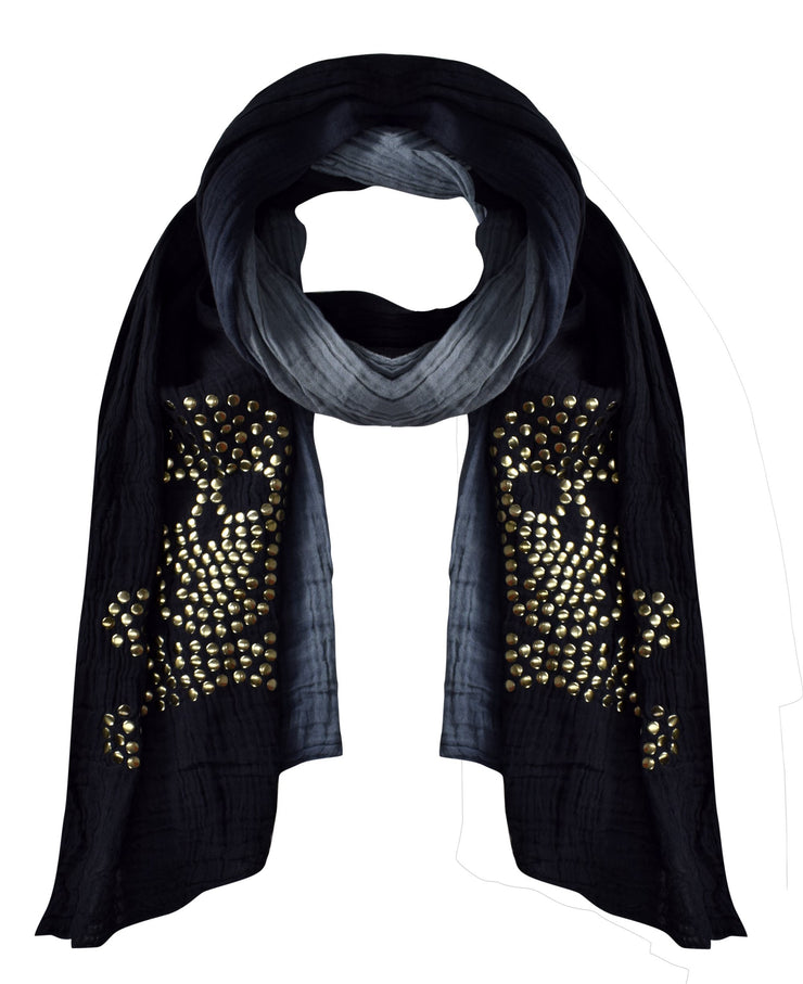 Black Peach Couture Womens Vintage Cotton Crinkled Ombrè Skull Studded Scarf Shawl