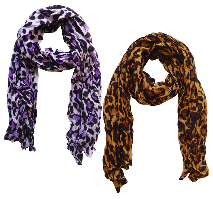 Purple/Brown Peach Couture Trendy Women's Leopard Animal Print Crinkle Scarf wrap