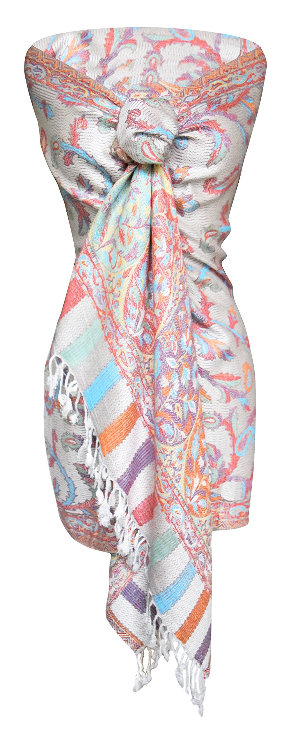 Lavender-white rainbow pastel paisley pashmina shawl featuring soft gradient colors and delicate fringe edges.