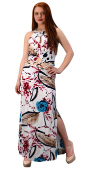 Floral Print Cut Out Waist Side Slit Crochet Tie Back Maxi Dress Gown