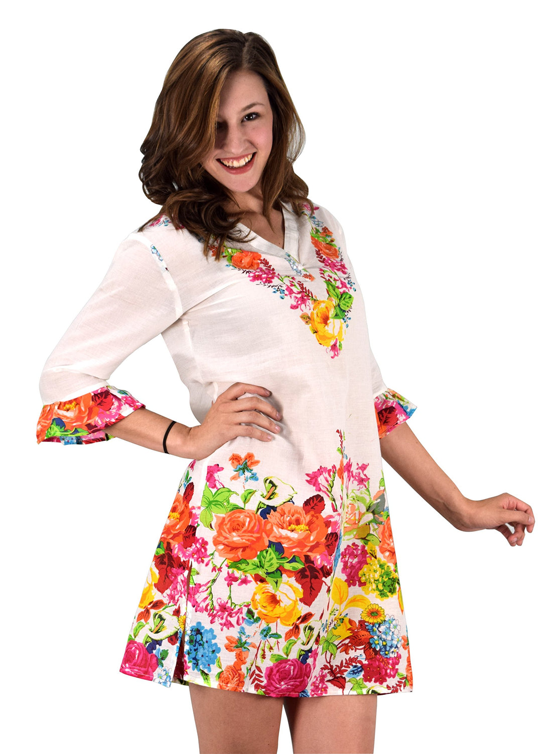 Red orange cotton floral embroidered vintage petite tunic coverup beachwear.