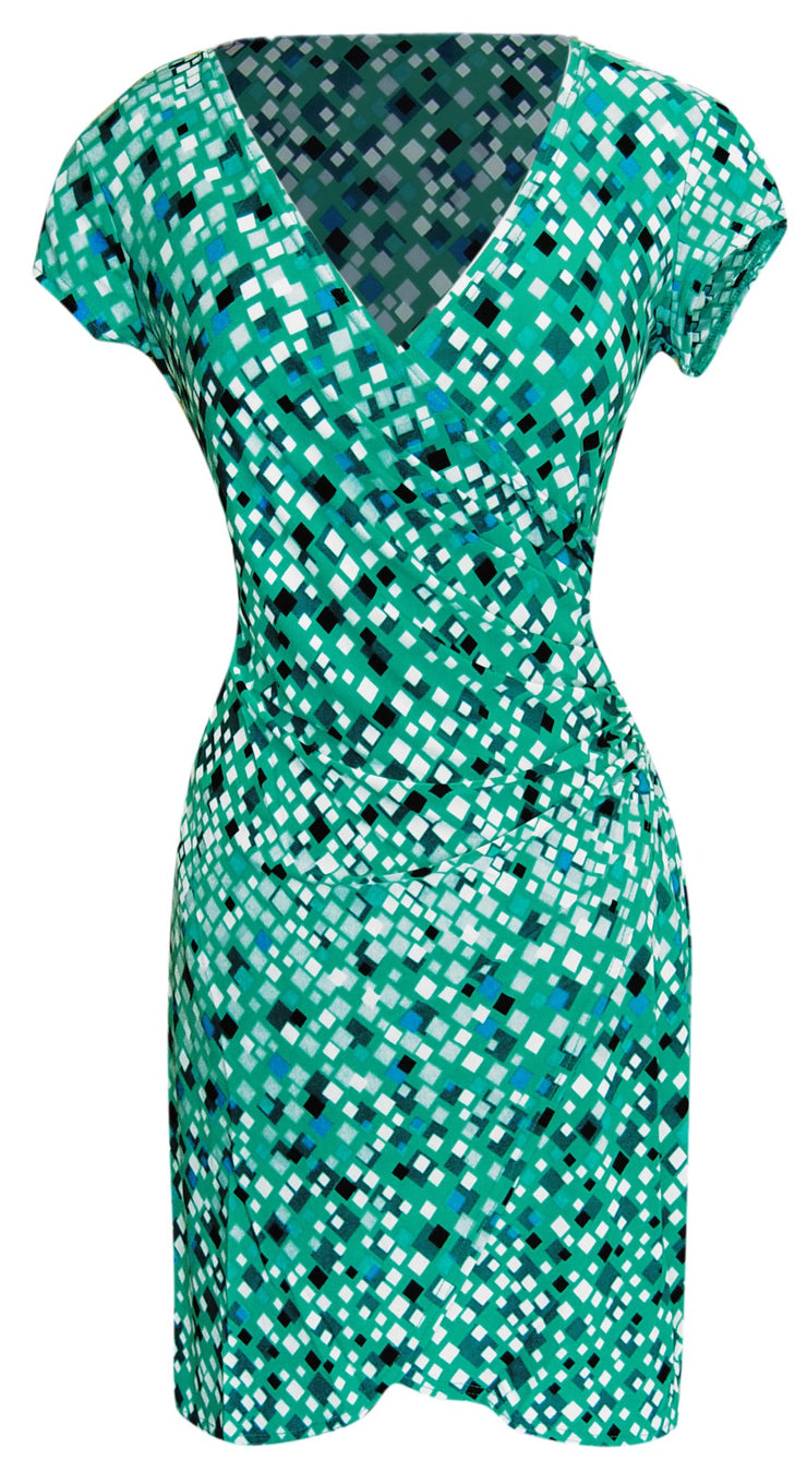 Elegant Faux Wrap Printed Dress (X-Large, Blue Block Combo)