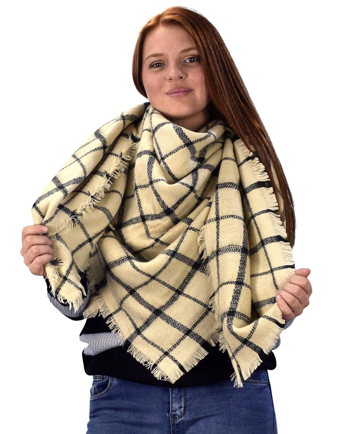 Warm Woven Oversized Tartan Plaid Blanket Scarf Shawl Tan Black