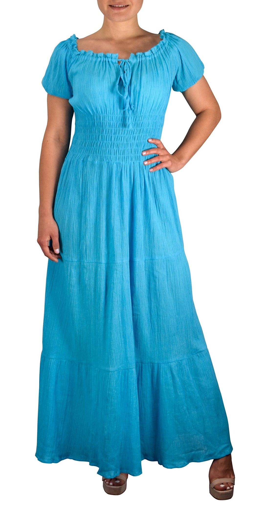 Gypsy Boho Cap Sleeves Smocked Waist Tiered Renaissance Maxi Dress (Medium, Turquoise)