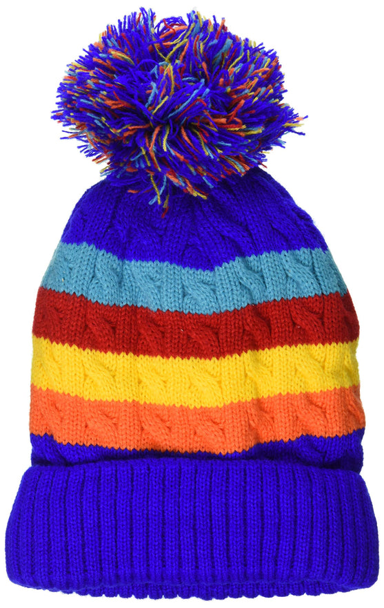 Kids 5-7 Rainbow Striped Cable Knit Pom Pom Hat