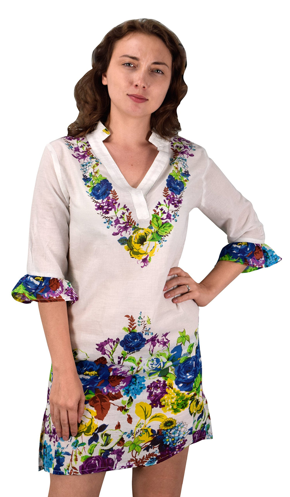Vintage-style petite cotton tunic coverup featuring floral embroidery, perfect for beachwear.