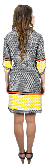 Peach Couture Womens Multi Pattern V Neck Shift ¾ Sleeve Waist Tie Shift Dress Medium Yellow Orange