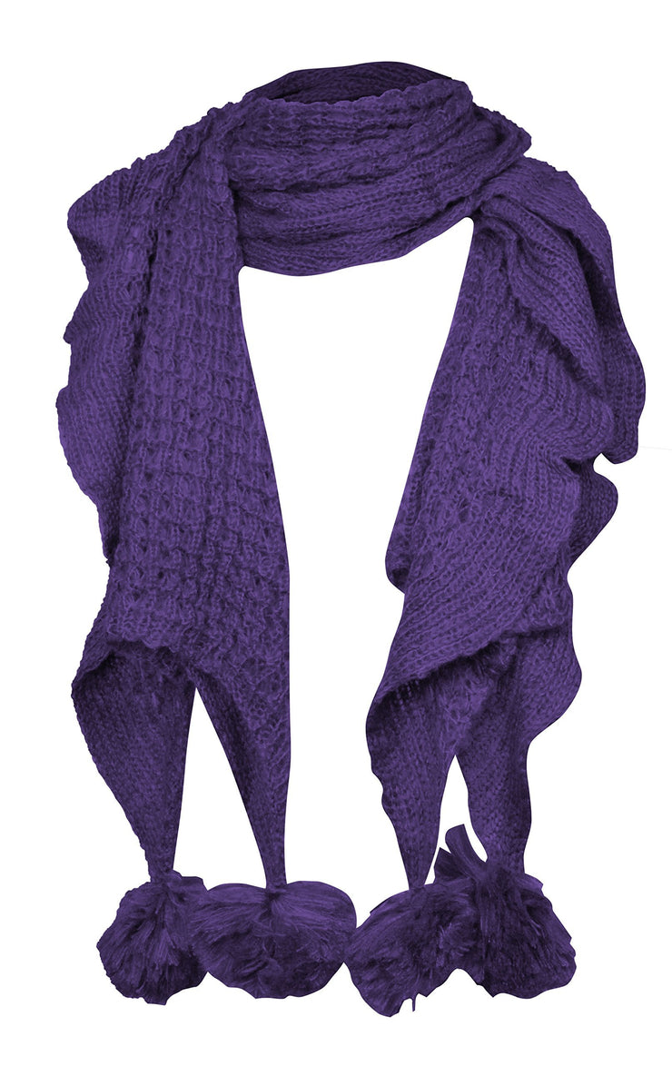 Purple Peach Couture Serene Ruffled Soft and Warm Knit Scarf With Pom Poms