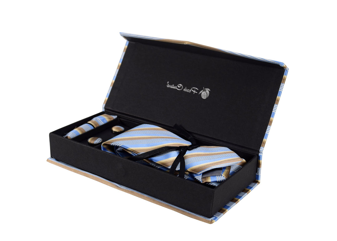 Luxurious Mens Silk Feel Stripe Necktie Cufflinks Handkerchief Set