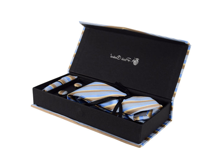 Luxurious Mens Silk Feel Stripe Necktie Cufflinks Handkerchief Set