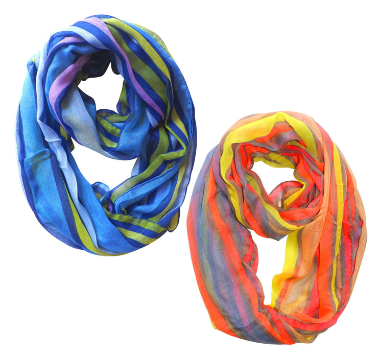 2 Pack Dark Blue & Neon Pink Peach Couture Trendy Striped Print Light and Soft Fashion Infinity Loop Scarf