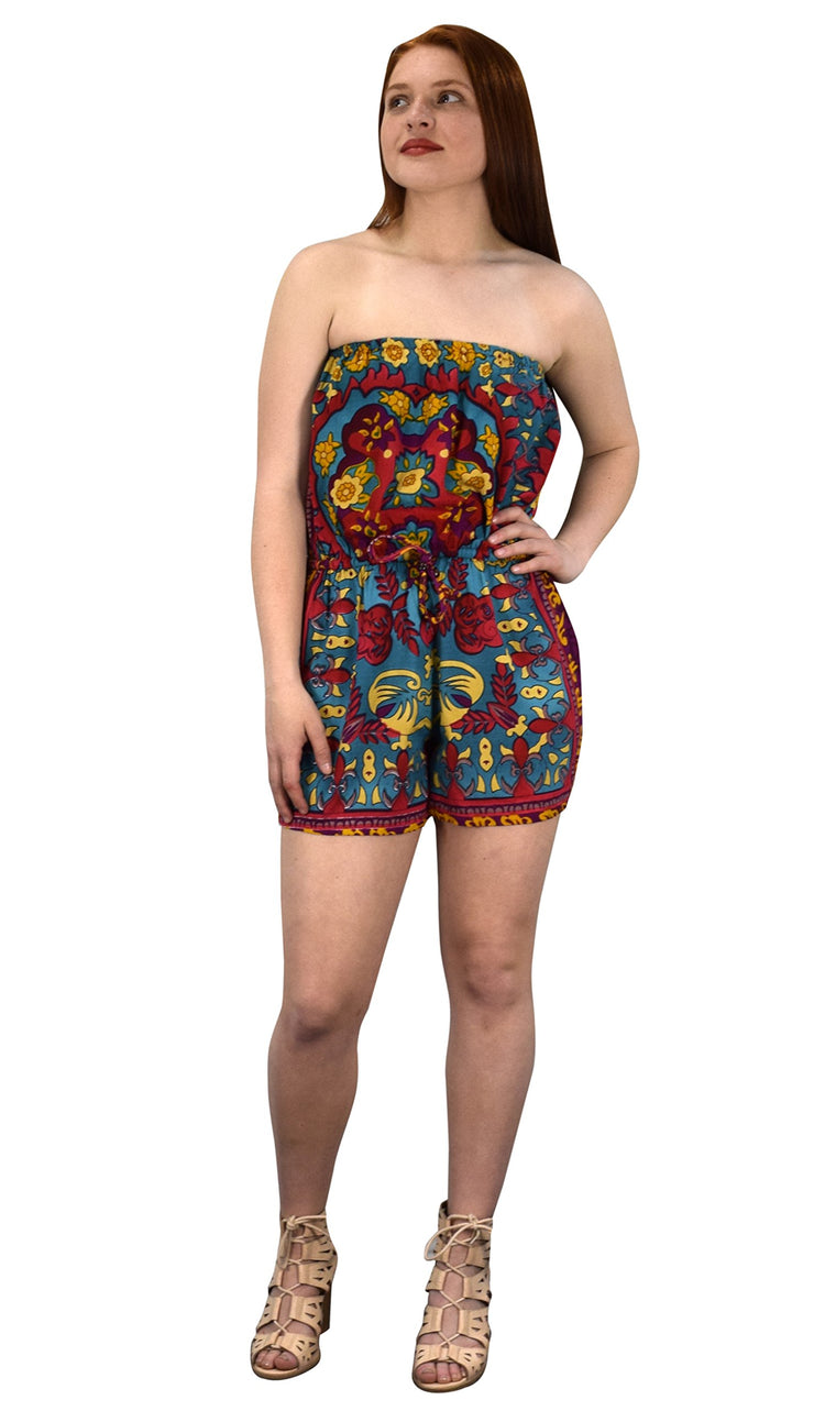 Bohemian Floral Print Drawstring Waist Strapless Rompers