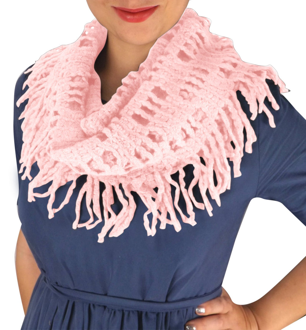 Winter knitted rectangular pattern long fringe warm infinity loop scarf for cold weather protection.