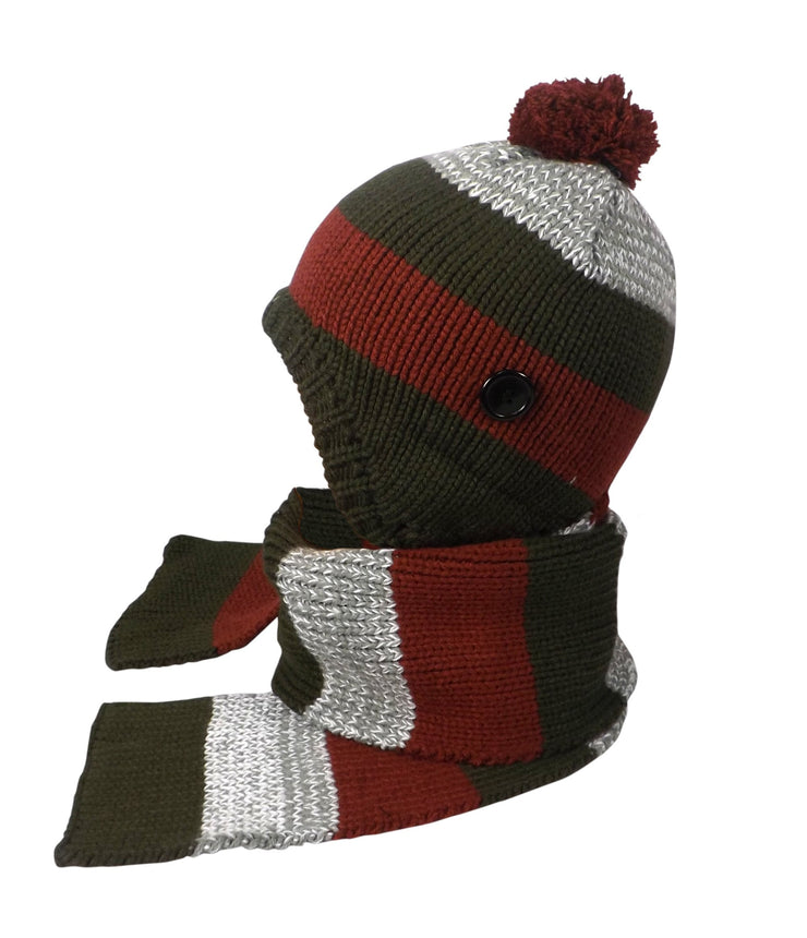 Olive Rust Grey Peach Couture Unisex Kids Striped Multicolor Warm Pom Pom Matching Hat and Scarf Set