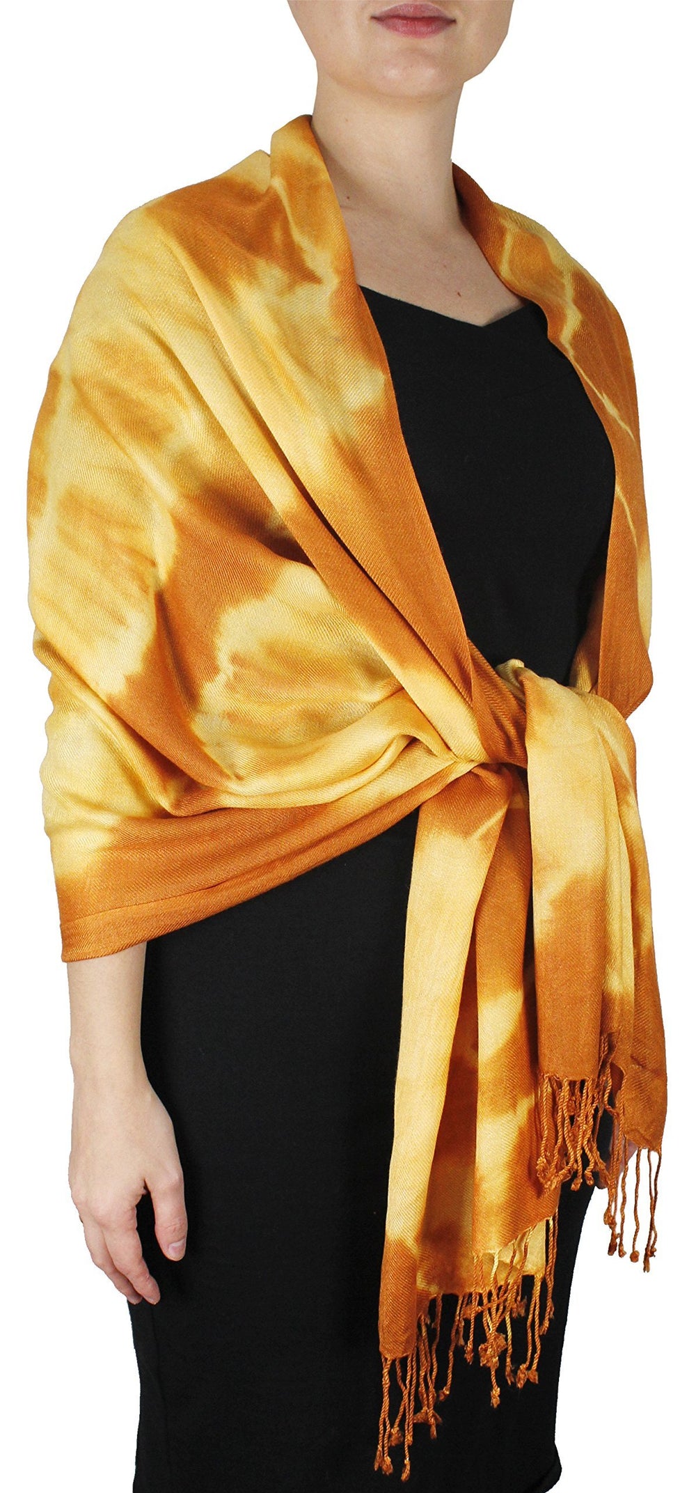 Vibrant orange and yellow tie-dye pashmina shawl featuring soft fringe edges and a lightweight woven texture