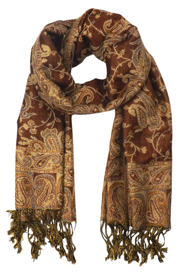 Reversible paisley pashmina shawl in brown and peach with an intricate jacquard pattern and fringed edges.