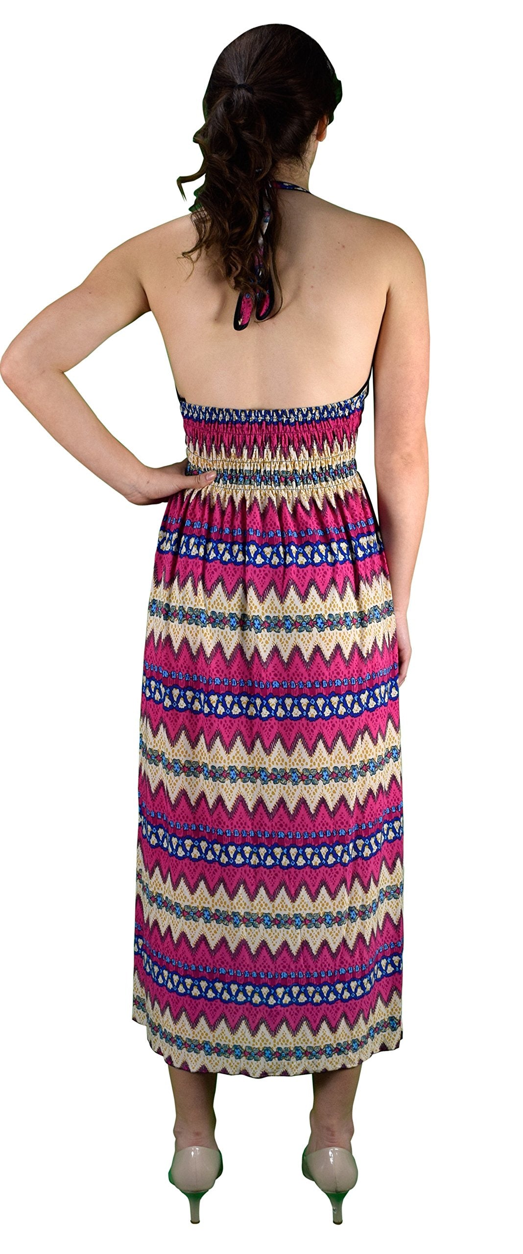 Peach Couture Bohemian Chevron Pattern V Neck Smocked Waist Halter Maxi Dress