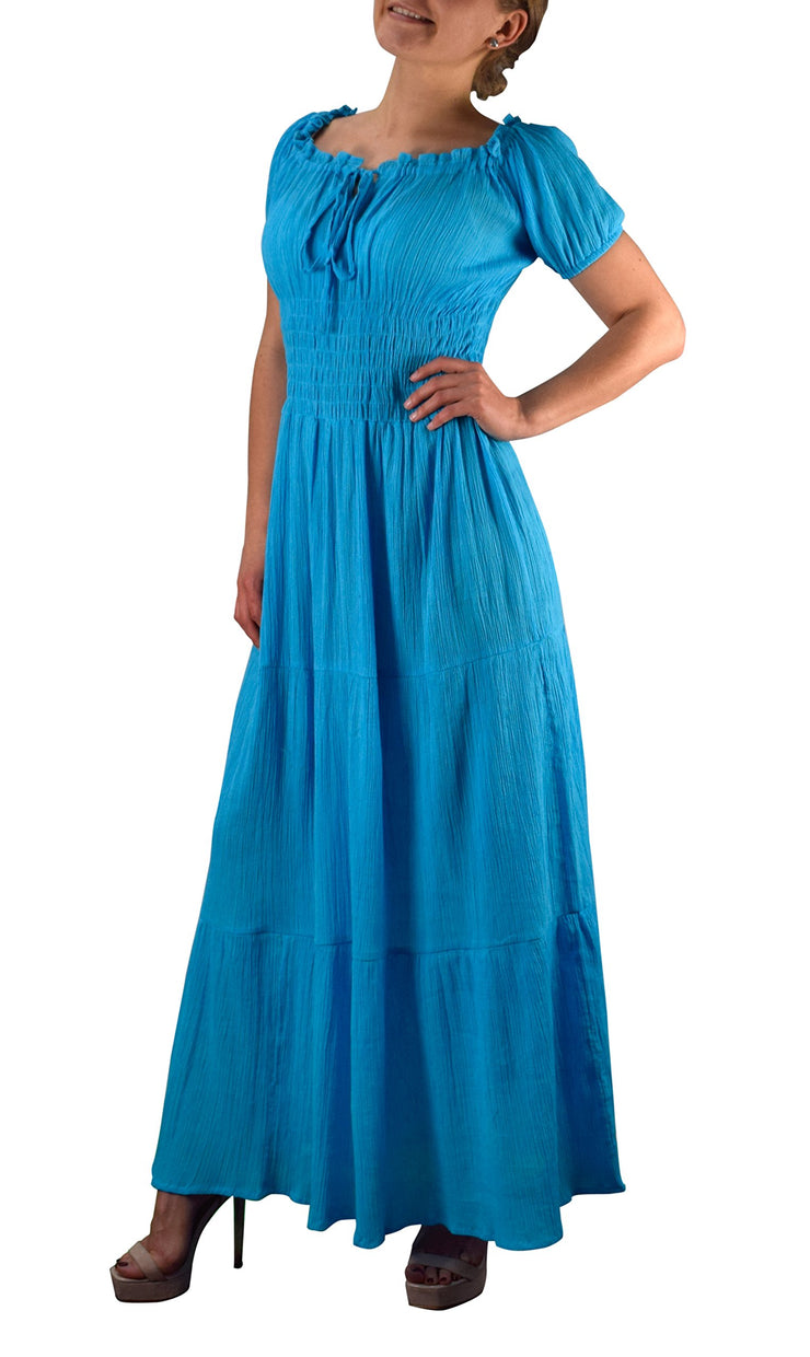 Gypsy Boho Cap Sleeves Smocked Waist Tiered Renaissance Maxi Dress (Medium, Turquoise)